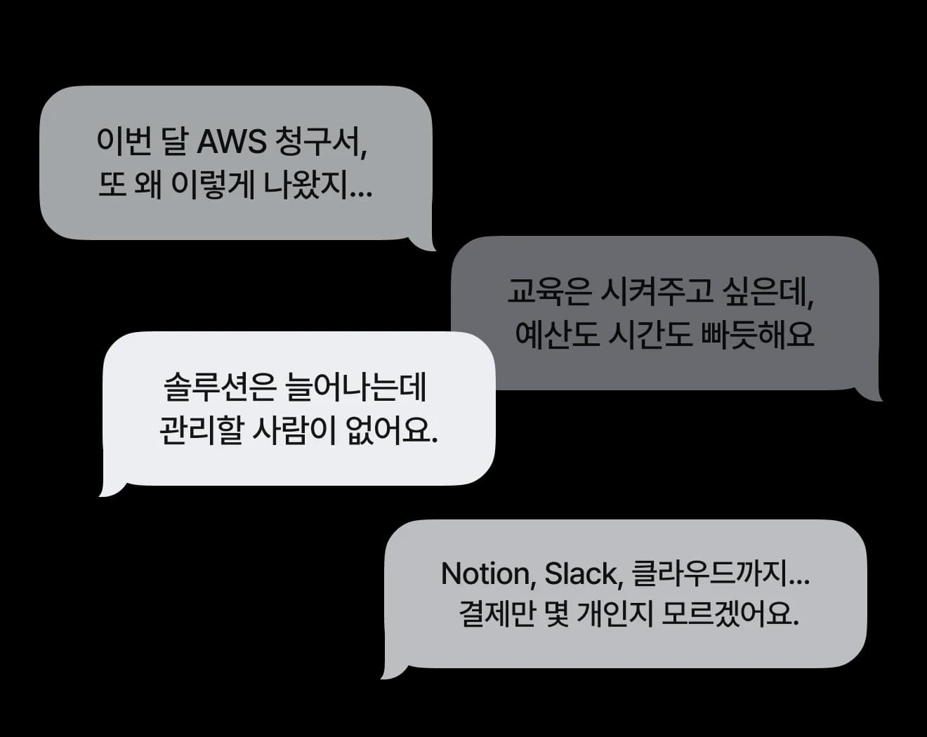 이번 달 AWS 청구서, 또 왜 이렇게 나왔지... / 교육은 시켜주고 싶은데, 예산도 시간도 빠듯해요 / 솔루션은 늘어나는데 관리할 사람이 없어요. / Notion, Slack, 클라우드까지... 결제만 몇 개인지 모르겠어요.